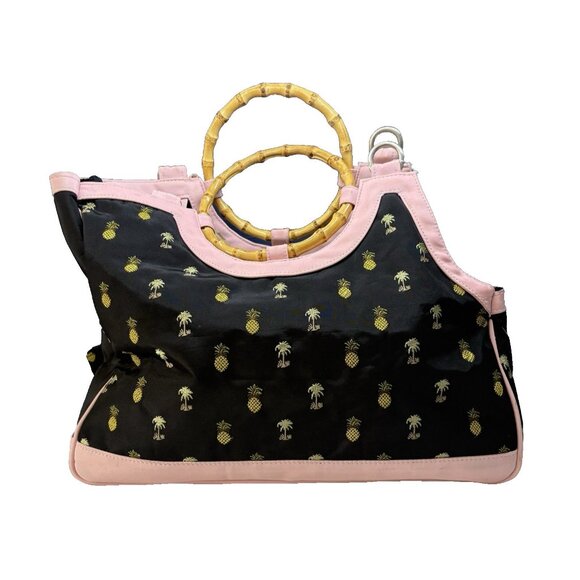 NEW YORK Dog Carrier Hand Held Embroidered Palm Trees Pineapple Bamboo Handle - Picture 2 of 13